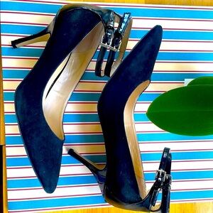 Audrey Brooke Stiletto Heels Suede Patent Trim Pointed Toe Double Strap Black